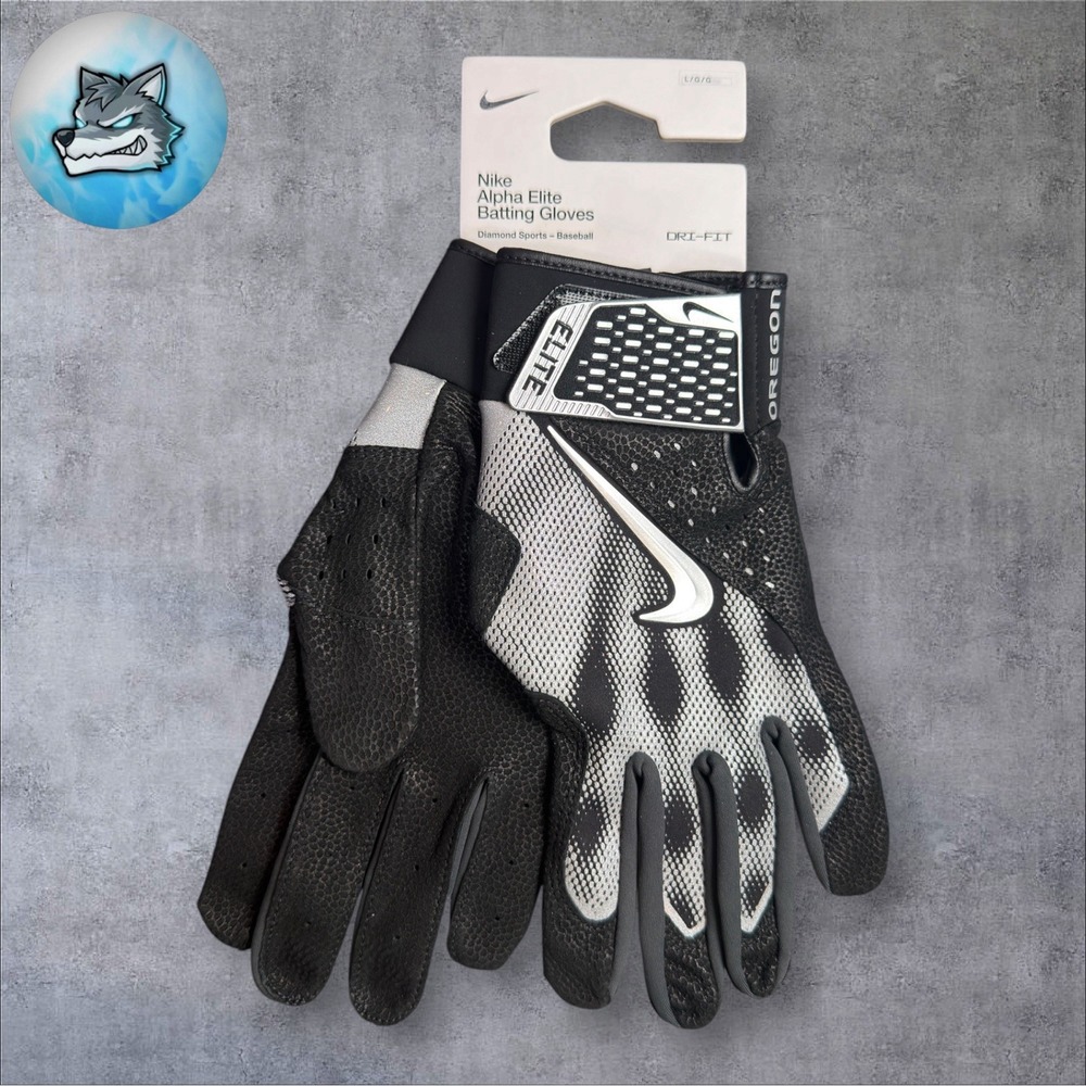 Nike Alpha Elite Batting Gloves Oregon Ducks Team Issued PE Black Silver Men's L